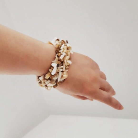 Elastic Bracelet (br10) Handmade Natural Beige Brown Mother of Pearl Shell 7"-8" - Picture 3 of 9